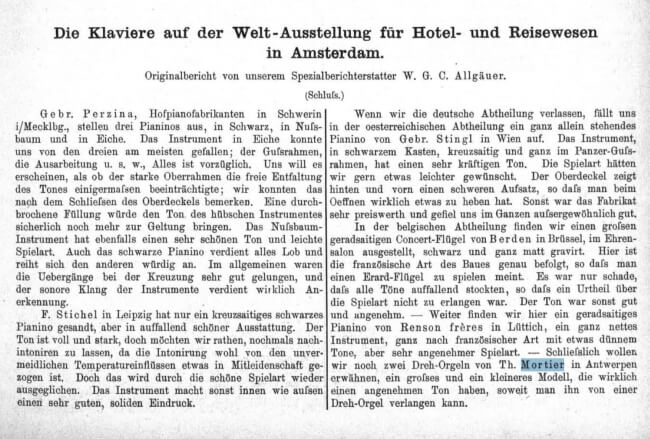 Reference to Th.Mortier in Zeitschrift für Instrumentenbau of 1894-1895