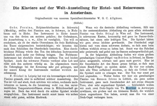 Vermelding van Th.Mortier in Zeitschrift für Instrumentenbau van 1894-1895