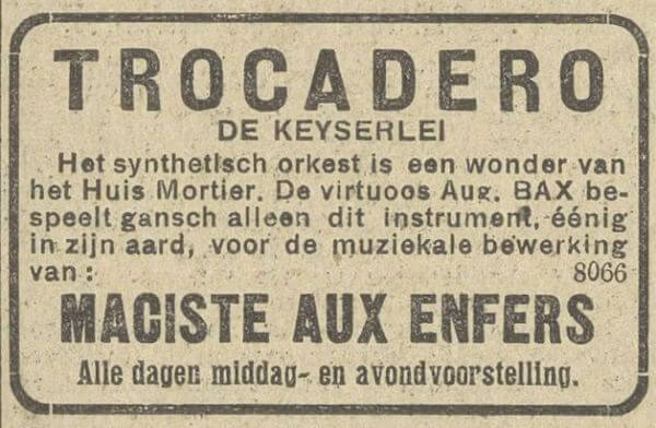 Advertisement for Mortier theatre organ in cinema Trocadero